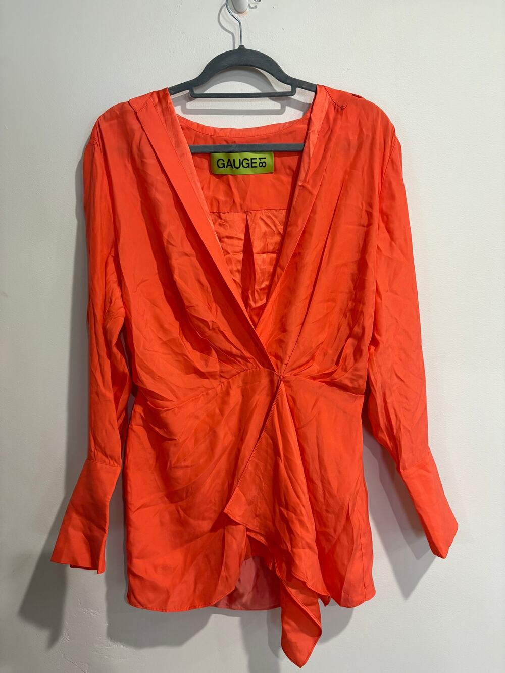 Gauge81 100% Silk Long Sleeve Draped Mini Shirt Dress Orange Womens Size XS